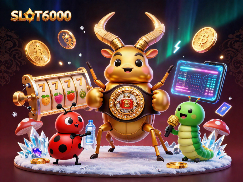 SLOT6000 showcases a dynamic 3D scene with a giant stag beetle in boxing gear, surrounded by vibrant slot game elements.