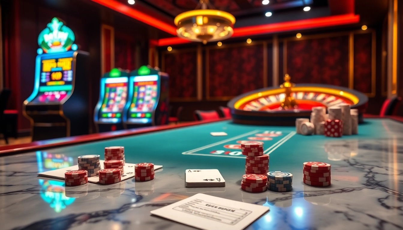 Players enjoying a thrilling game at 78Win's luxurious casino scene featuring poker and roulette.