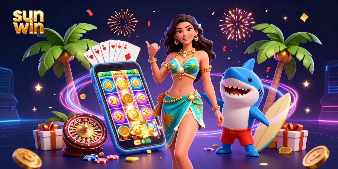 Win big with sun win in this vibrant casino-themed 3D digital illustration featuring exciting game elements.