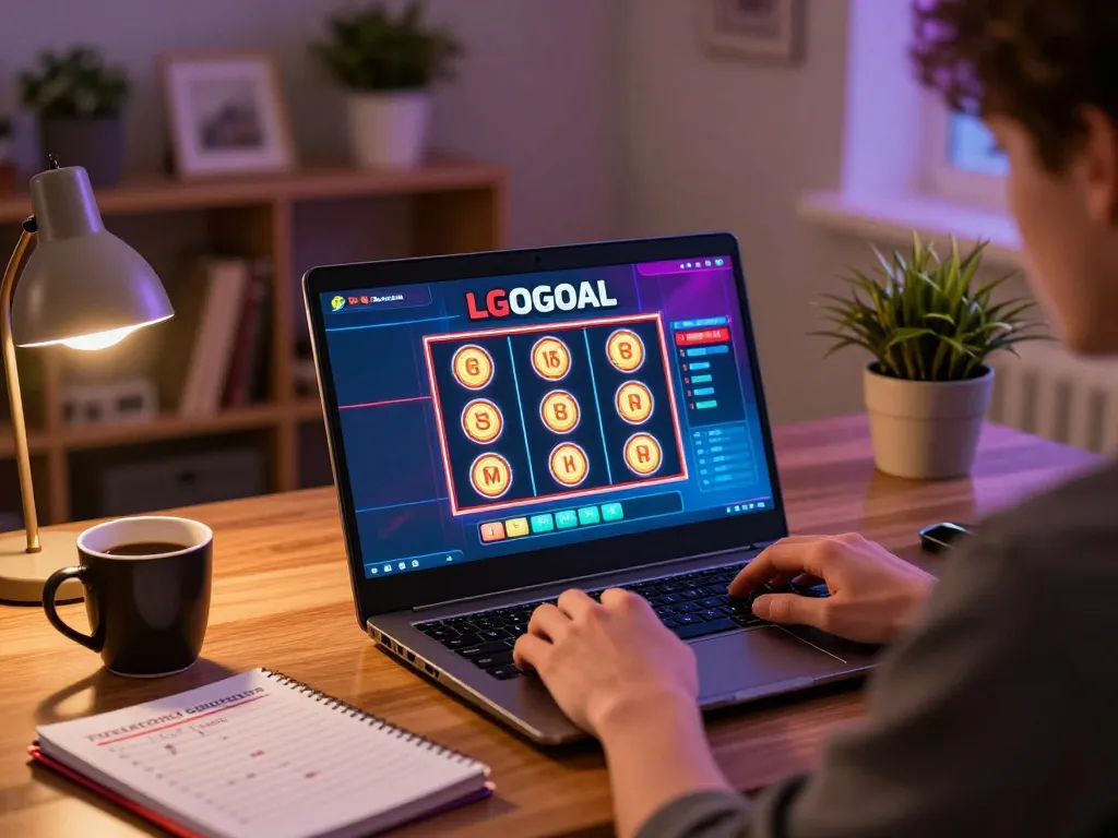 Engaging player strategizing on LGOGOAL online gaming platform amid warm home setting