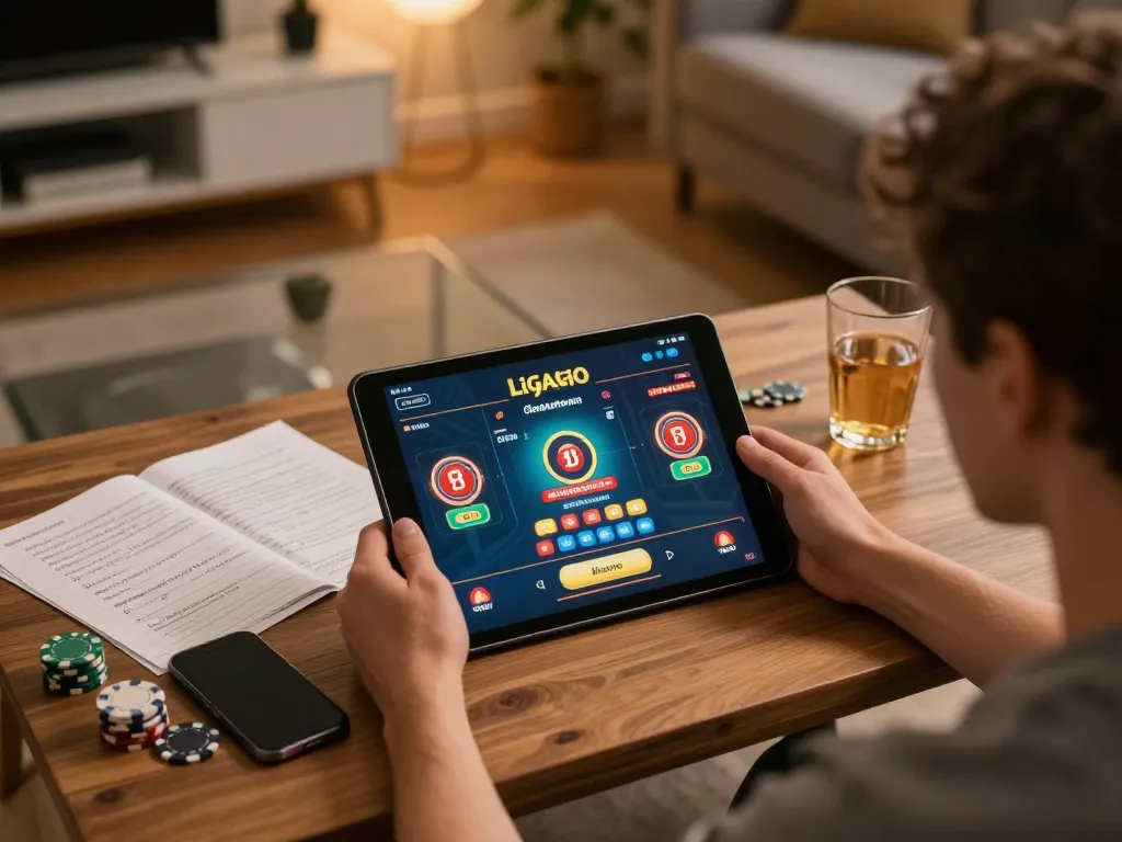 Player engaging with ligalgo online gaming platform on a tablet, cozy ambiance with strategy notes.