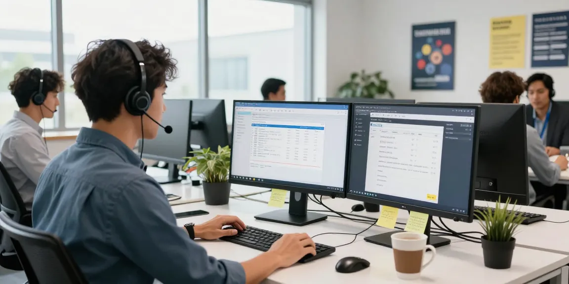 Helpdesk representative assisting clients through ling4d support system in a vibrant office environment.