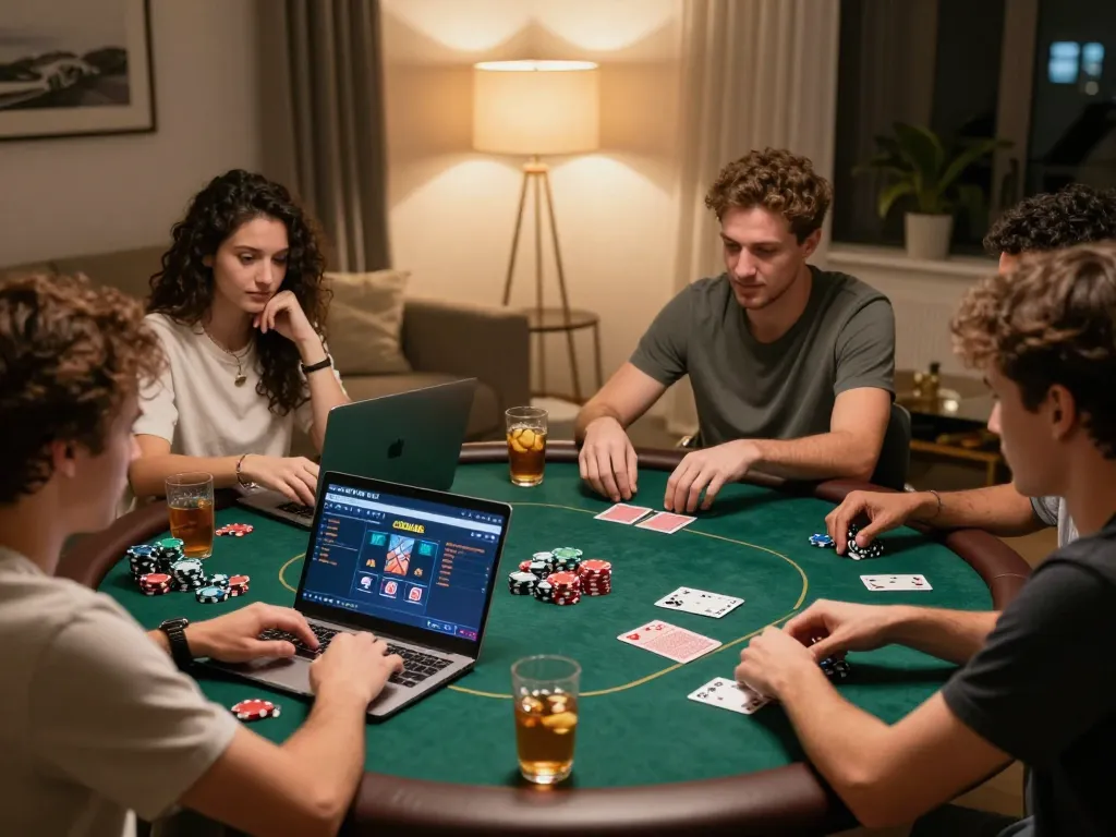 Friends enjoying online poker at home using UGDEWA platform, chips and cards on display.