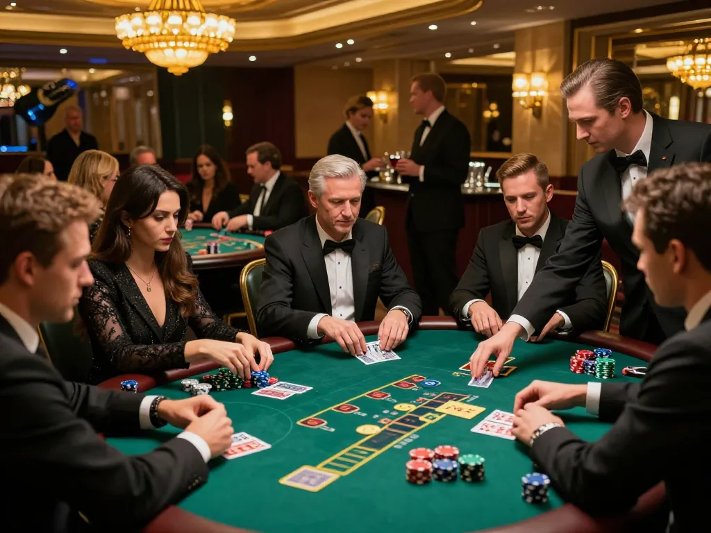 Engage with MPOID's strategic blackjack gameplay in a bustling casino atmosphere, showcasing card dealing and player focus.