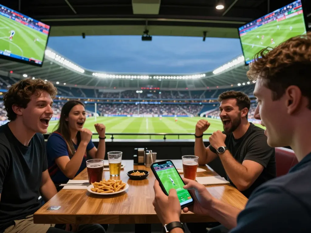 Cakhia tv user placing live sports bets on smartphone while enjoying a vibrant sports bar atmosphere