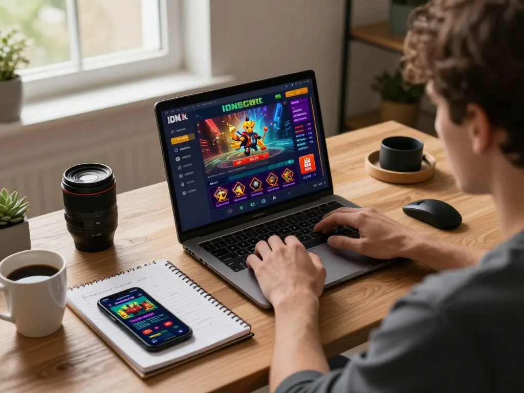 IDNSCORE player engaged in online casino gaming at home with detailed strategies.