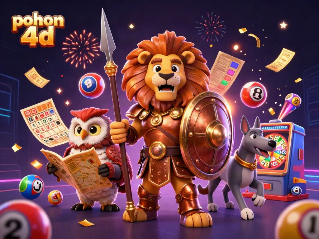 Engage with pohon 4d in a vibrant lottery-themed 3D scene featuring dynamic gaming action.