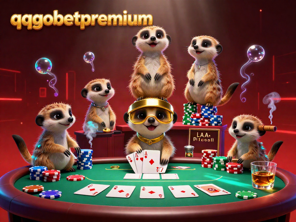 Experience thrilling casino action at qqgobetpremium with meerkats managing poker games amid colorful chips and vibrant atmosphere.