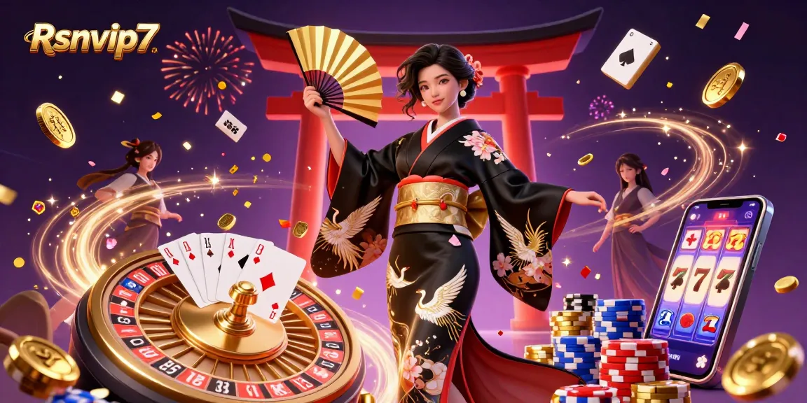 Memenangkan besar dengan Rsnvip7, menampilkan seorang wanita Asia merayakan dengan elemen kasino dalam suasana yang hidup.