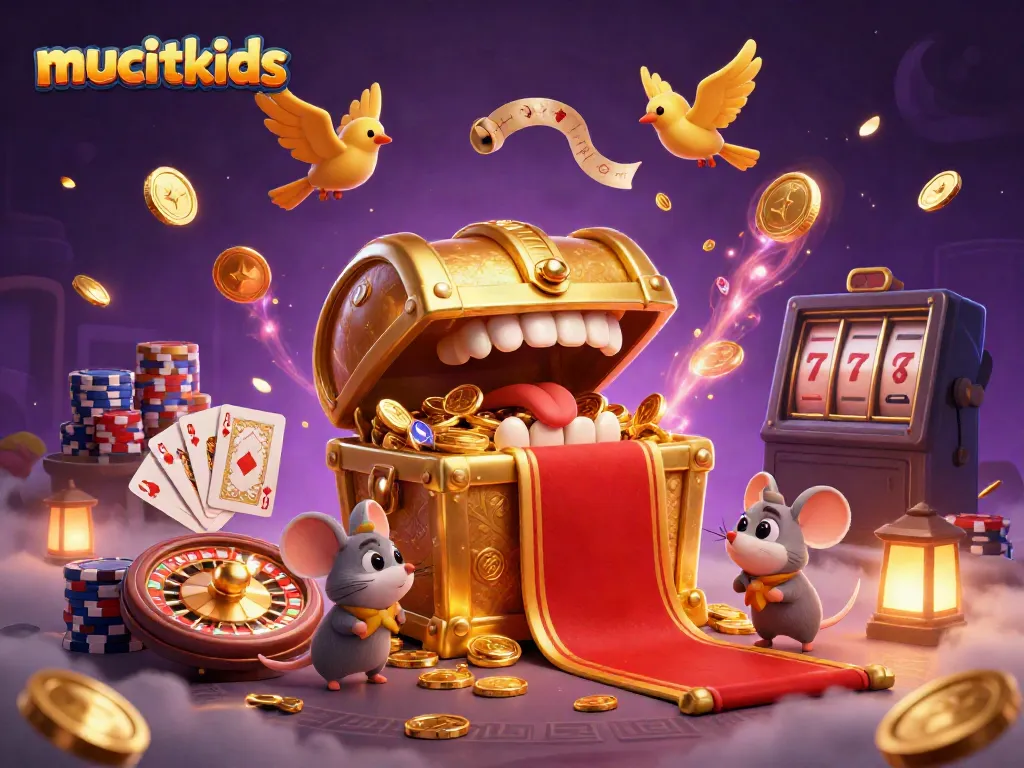 Gambarlah karakter 3D 'mucitkids' mengumpulkan kekayaan dari peti harta karun bercahaya dalam permainan kasino.