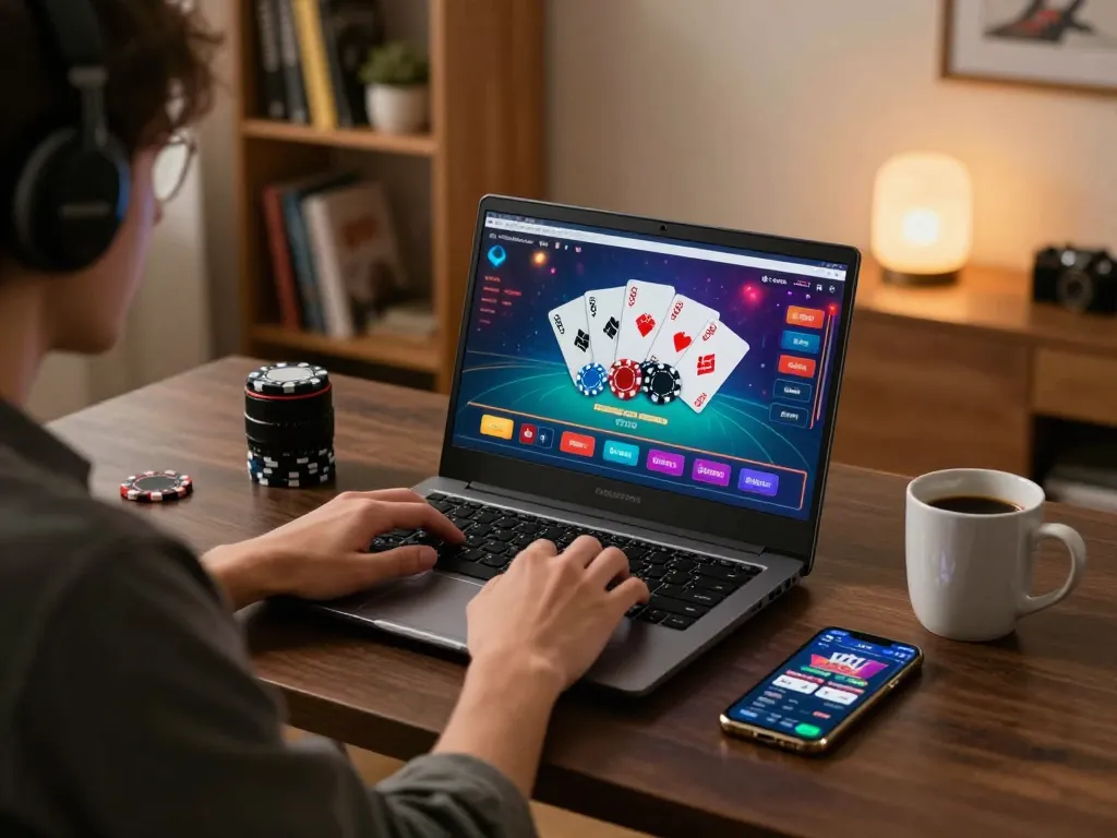 Play online casino games at home with SC88 on a laptop, showcasing payments and strategy notes.