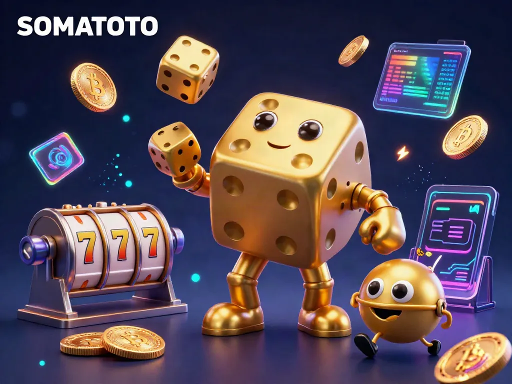 Engage with SOMATOTO's vibrant 3D illustration showcasing golden dice and digital currency excitement.