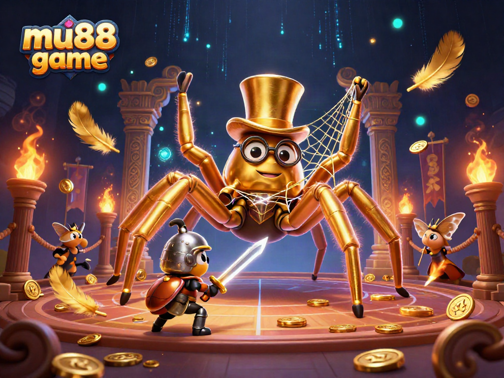 Engage with the thrilling mu88 game featuring a golden tarantula in a casino atmosphere, surrounded by colorful elements.