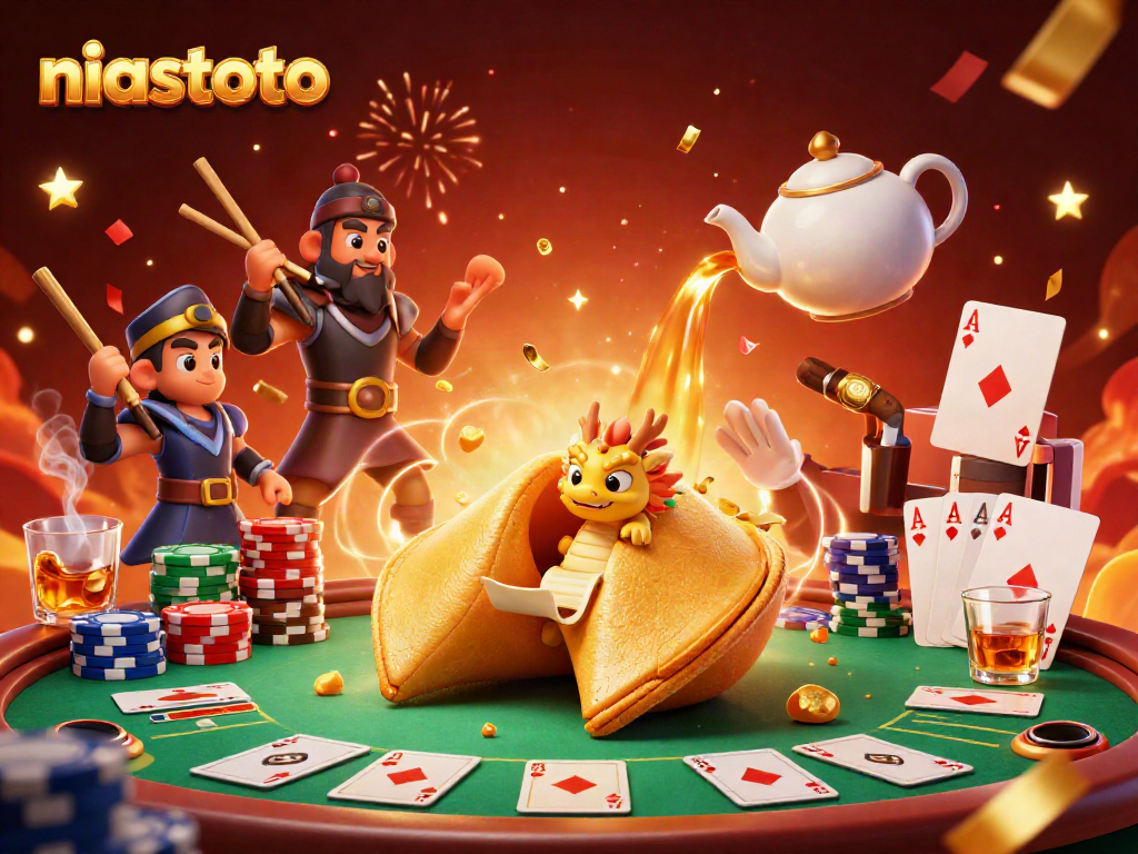 Play slots with niastoto featuring a dragon, fortune cookie, and poker elements