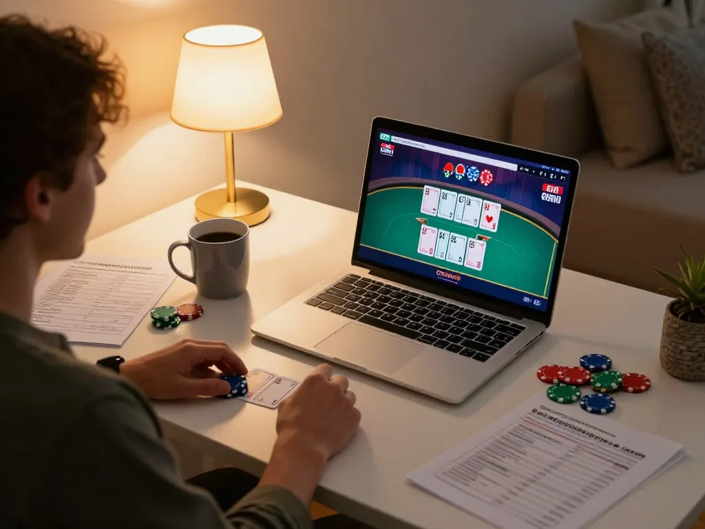 Engaging in TT88 online poker game from a cozy home setup, highlighting strategic planning.