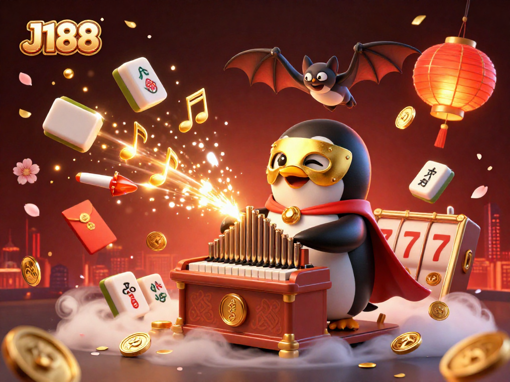 Spin the reels with J188, enjoy golden coins flowing from a whimsical organ in this vibrant casino scene.