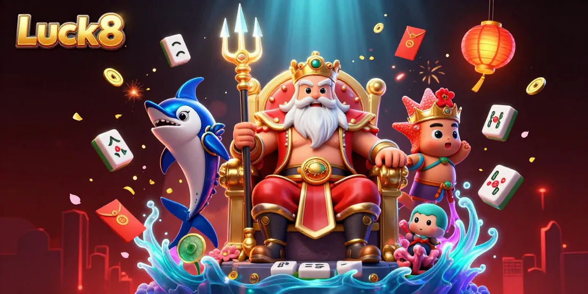 Luck8 sea king Neptune and companions celebrate winning with colorful gambling elements