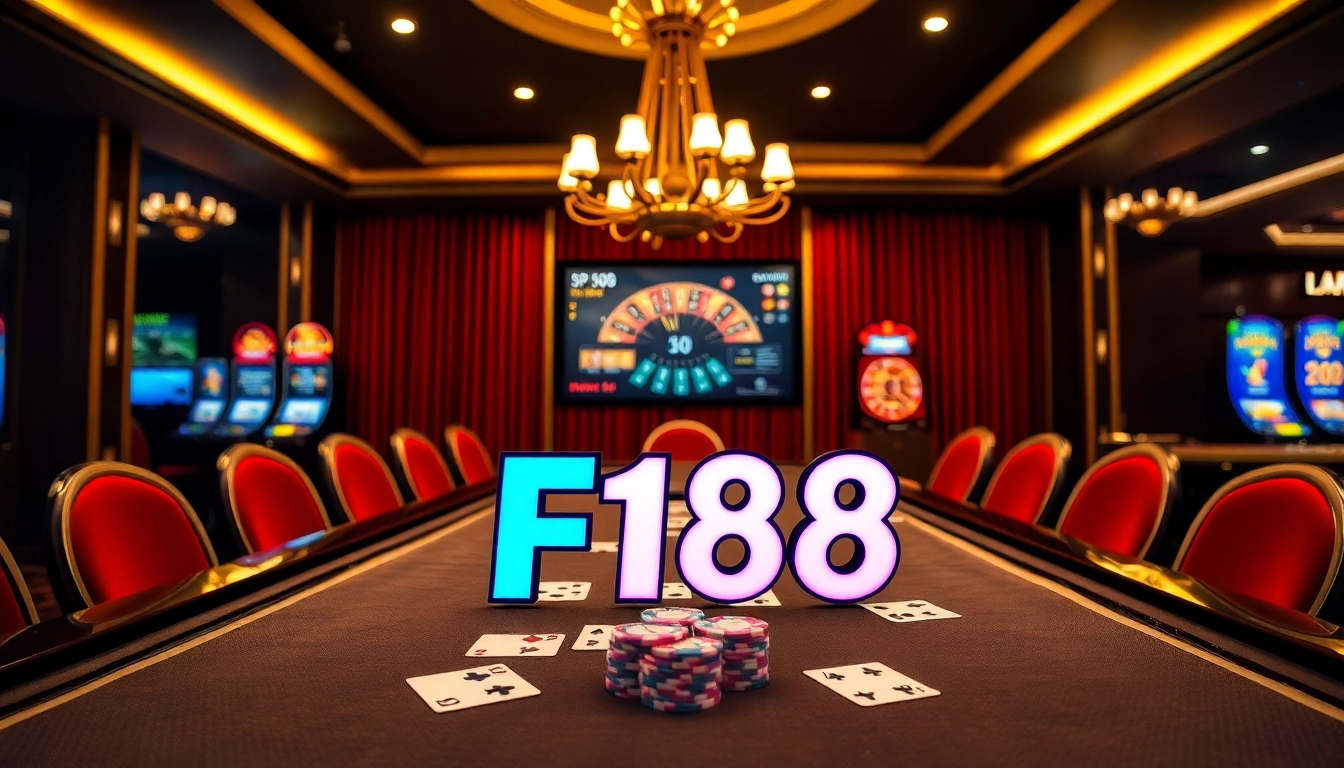 Experience thrilling gameplay at F168's luxurious casino with vibrant poker chips and cards.