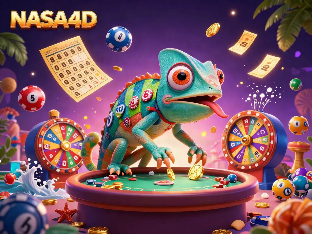 Gambarkan pengalaman menguntungkan bermain NASA4D dengan pemandangan dinamis kasino yang penuh warna.