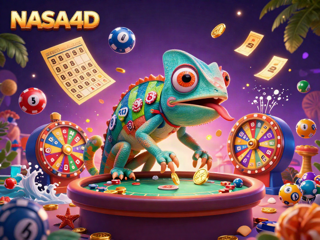 Gambarkan pengalaman menguntungkan bermain NASA4D dengan pemandangan dinamis kasino yang penuh warna.