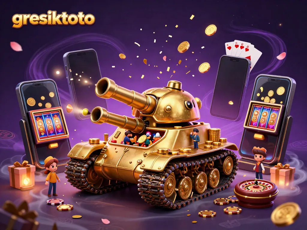 Pelanggan bermain di gresiktoto dengan permainan kasino mini, mesin slot, dan tumpukan koin emas.