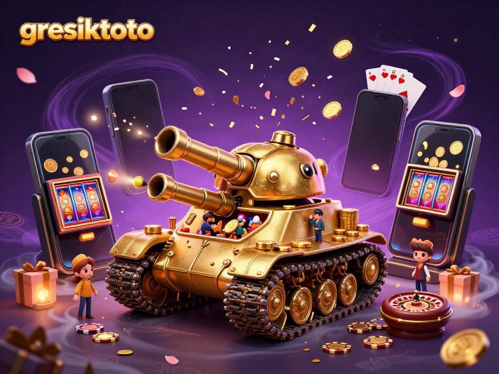 Pelanggan bermain di gresiktoto dengan permainan kasino mini, mesin slot, dan tumpukan koin emas.