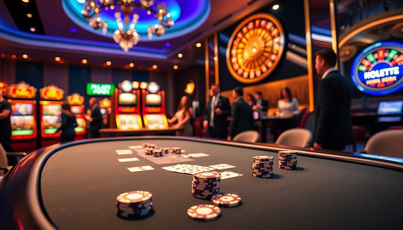 Excited players engaging at Nhà cái S8's vibrant casino tables filled with poker chips.