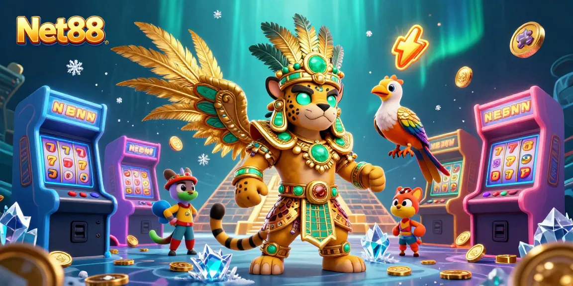 Engage with Net88's vibrant casino scene featuring a Mayan priest and captivating game elements.