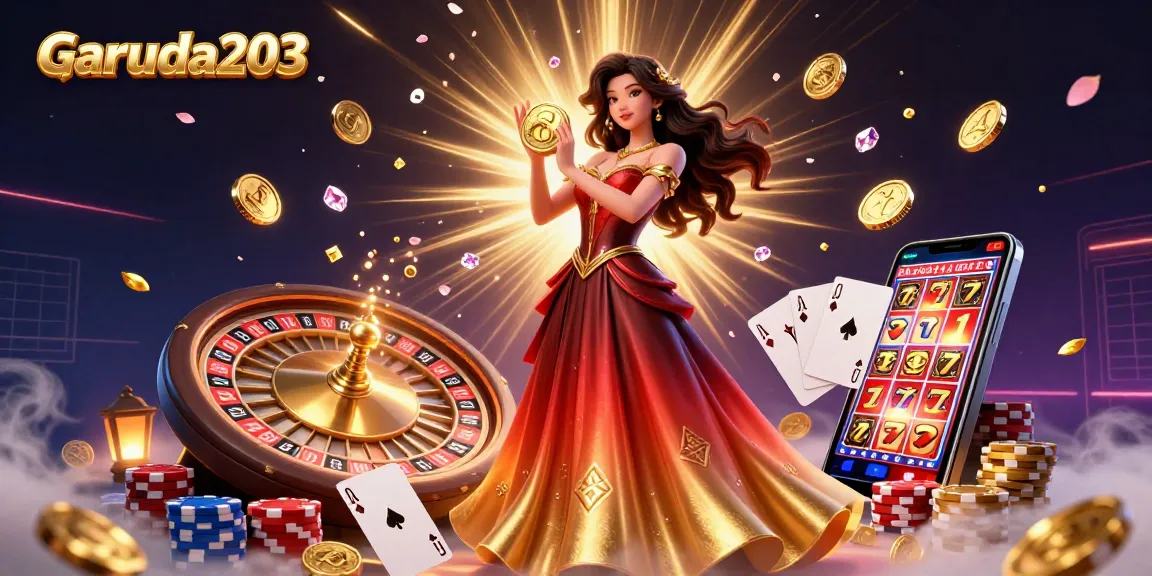 Engage in thrilling gaming with Garuda203, beautifully illustrated show of coins and vibrant casino elements.