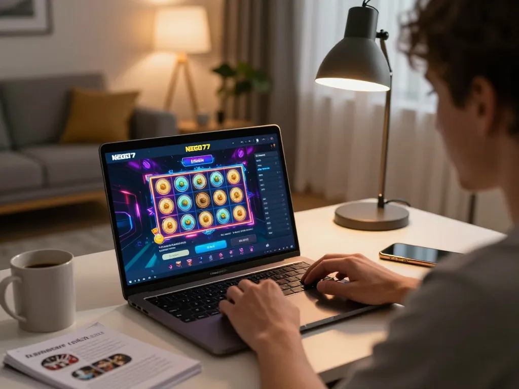 Nego77 player enjoying an engaging online slot game in a cozy home gaming setup