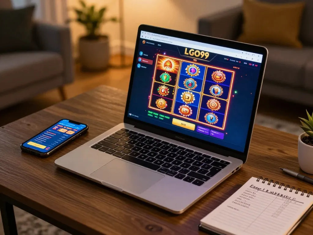 LGO99 user engaging with online casino on laptop, showcasing vibrant slot games interface