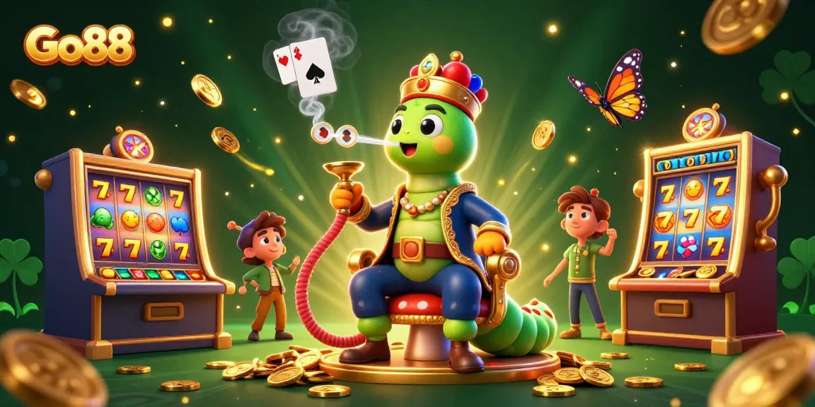 Go88 showcases a vibrant 3D illustration of a caterpillar hookah-master surrounded by slot game elements, perfect for gaming enthusiasts.
