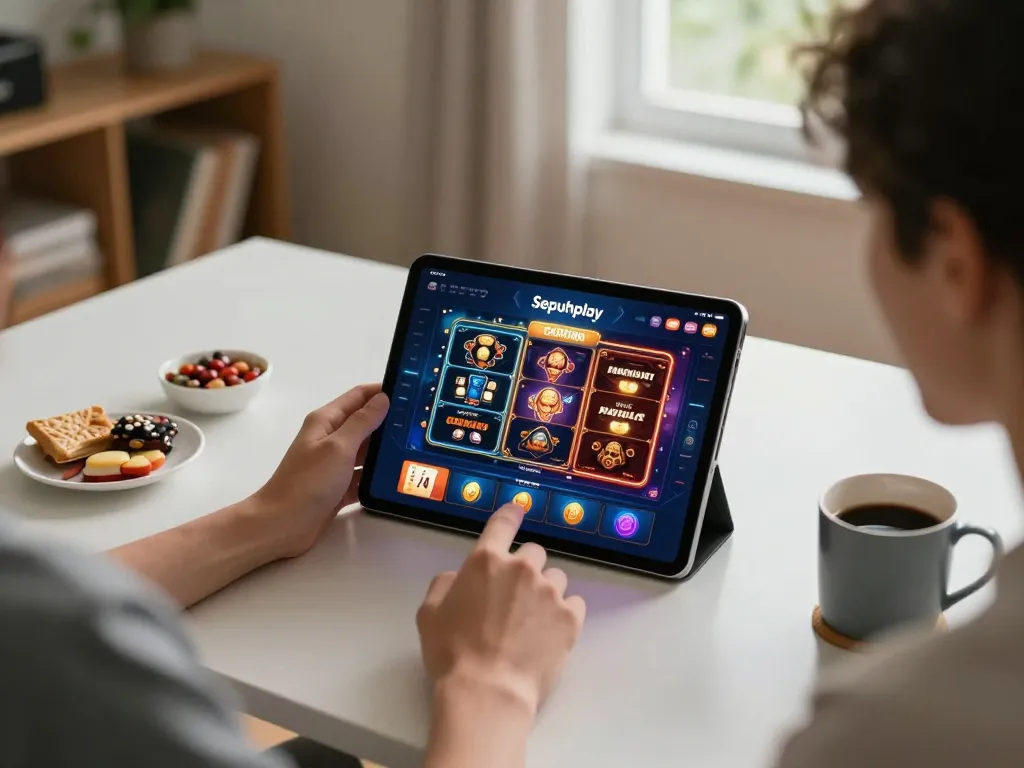 Engaging with the Sepuhplay casino app on a tablet during an exciting online gaming session.