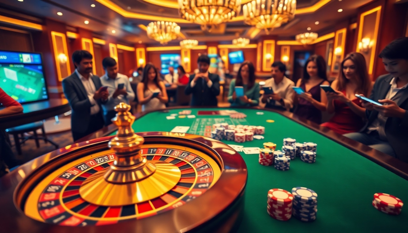 Experience the excitement of gambling with the rr88 app in a vibrant casino scene featuring roulette and poker.