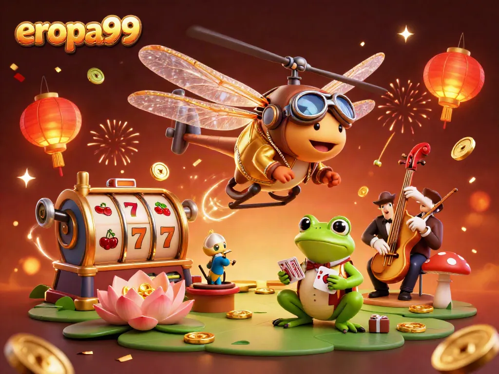 Menghadirkan EROPA99 dengan simbol slot yang bersinar dan karakter perjudian dinamis.