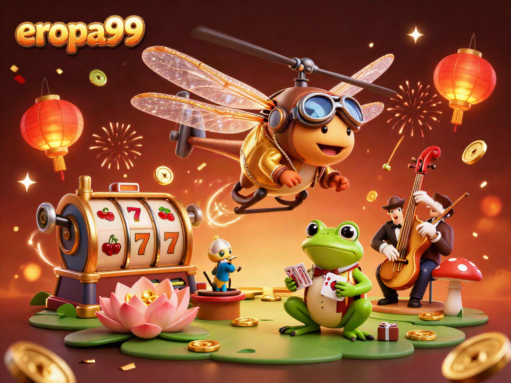 Menghadirkan EROPA99 dengan simbol slot yang bersinar dan karakter perjudian dinamis.