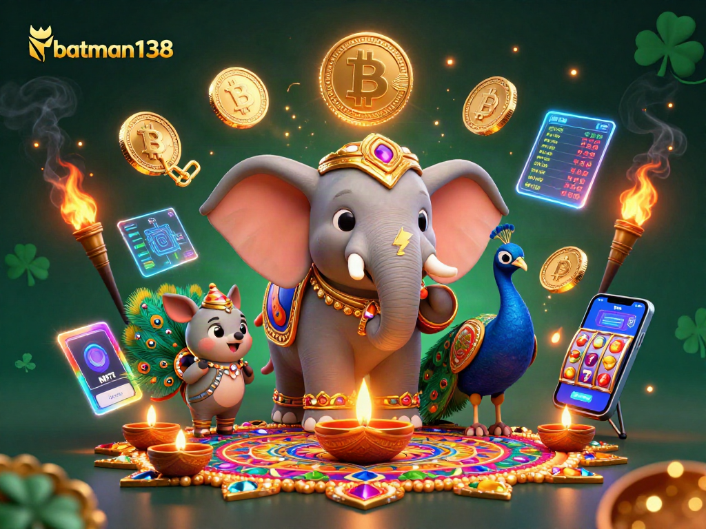 Experience gaming excitement with batman138 featuring vibrant symbols and cryptocurrencies in a captivating scene.