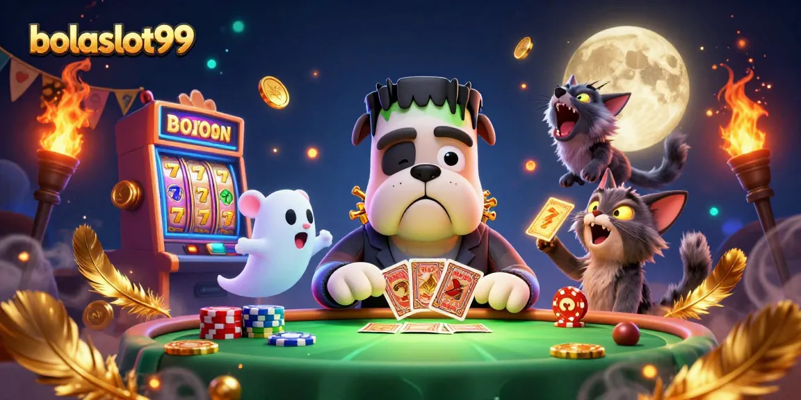 Bolaslot99 brings excitement as Frankenstein bulldog deals cards while dynamic slot elements surround a playful scene.