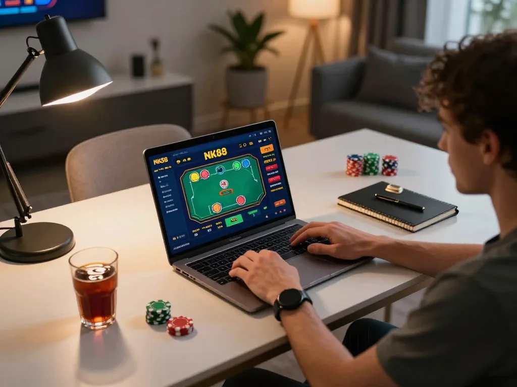 Person enjoying NK88 online casino gaming on their laptop, showcasing poker strategies in a relaxed environment.