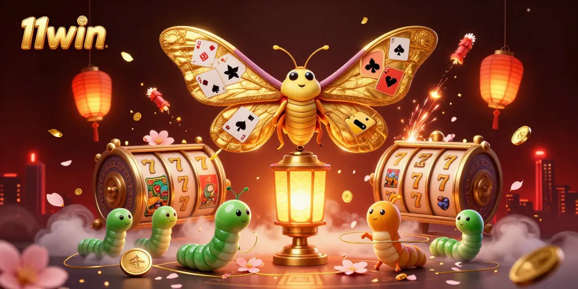 Engage with 11win's vibrant 3D casino world featuring golden wings, slot reels, and festive decorations.