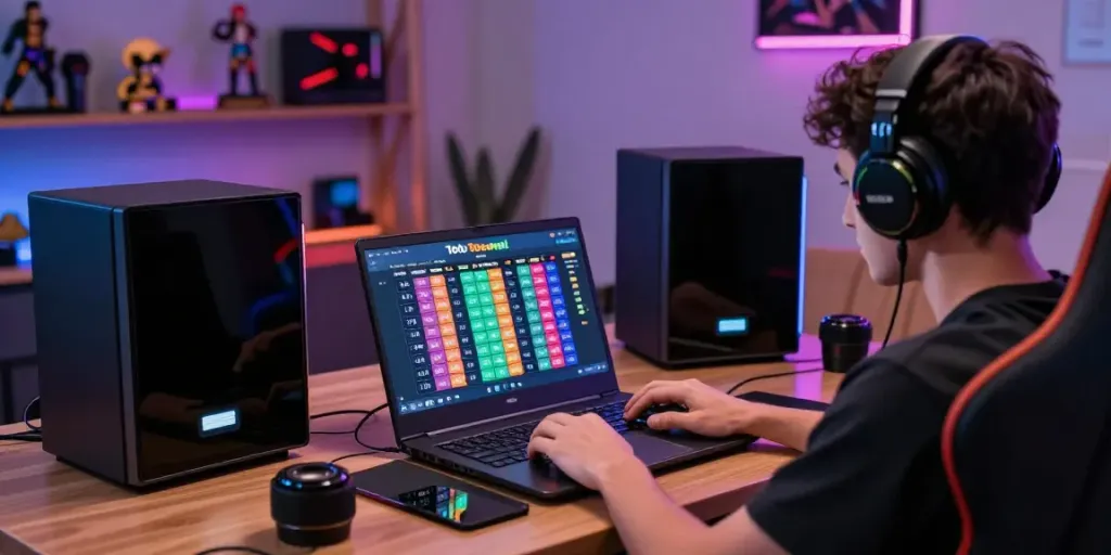 Engaged user playing seributoto Toto Togel game on laptop in vibrant setup.
