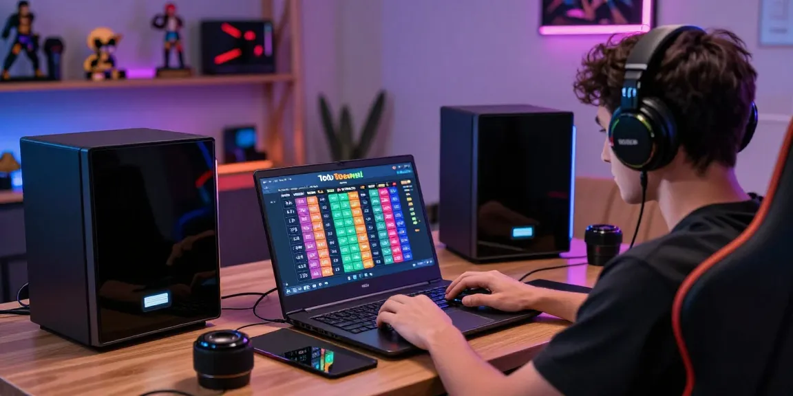 Engaged user playing seributoto Toto Togel game on laptop in vibrant setup.