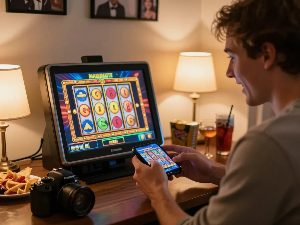 Player enjoying Pakde4D slot game on smartphone, surrounded by snacks, in a cozy room
