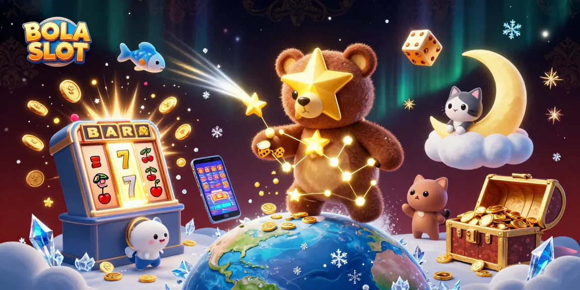 BOLA SLOT features an enchanting scene with a constellation bear, coins, and dynamic casino elements.