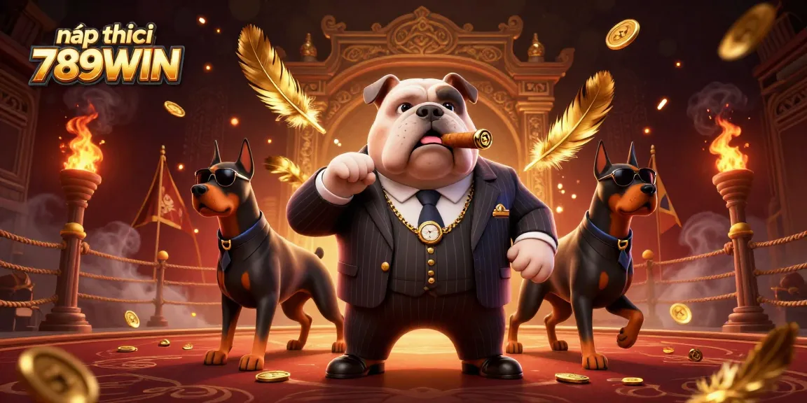 Experience nạp tiền 789WIN with a cartoon mafia boss bulldog and casino elements in a dynamic 3D illustration.