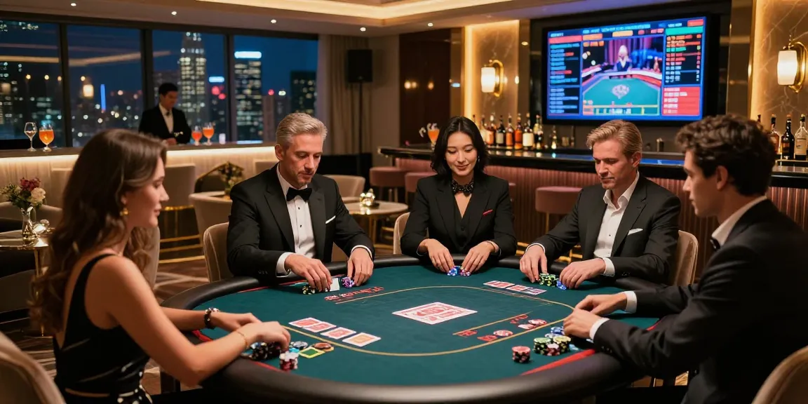 Kawasan permainan mewah LUXURY777 dengan tampilan elegan dan suasana yang mengundang, permainan kartu dan minuman premium.