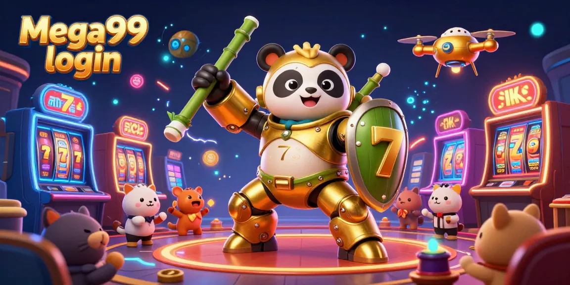 Play slots with mega99 login in a vibrant casino scene featuring a mech-suit panda and exciting gaming elements.