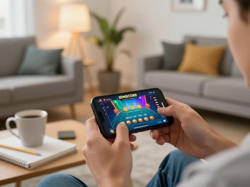 IDNSCORE app gameplay on a smartphone, showcasing dynamic online casino experience in a cozy home setting
