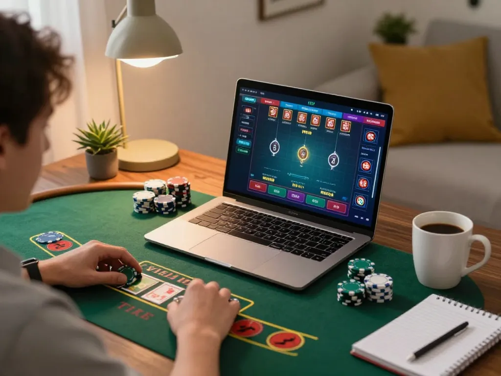 Player engaging in intense blackjack session on OK9’s online platform from a cozy home setup