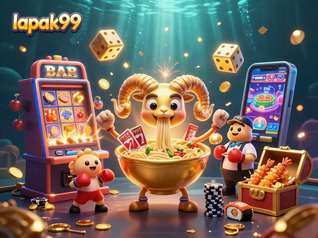 Experience lapak99 with a vibrant, dynamic scene featuring a playful giant ramen bowl and colorful casino elements.
